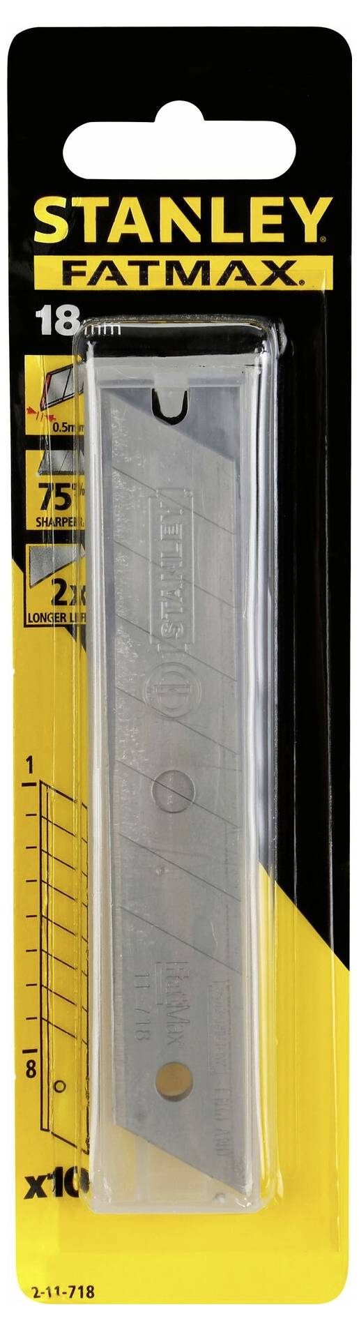 Pochette de lames de rechange Stanley Fatmax, contient 10 lames, largeur de 18 mm, pour cutter, en noir et jaune.