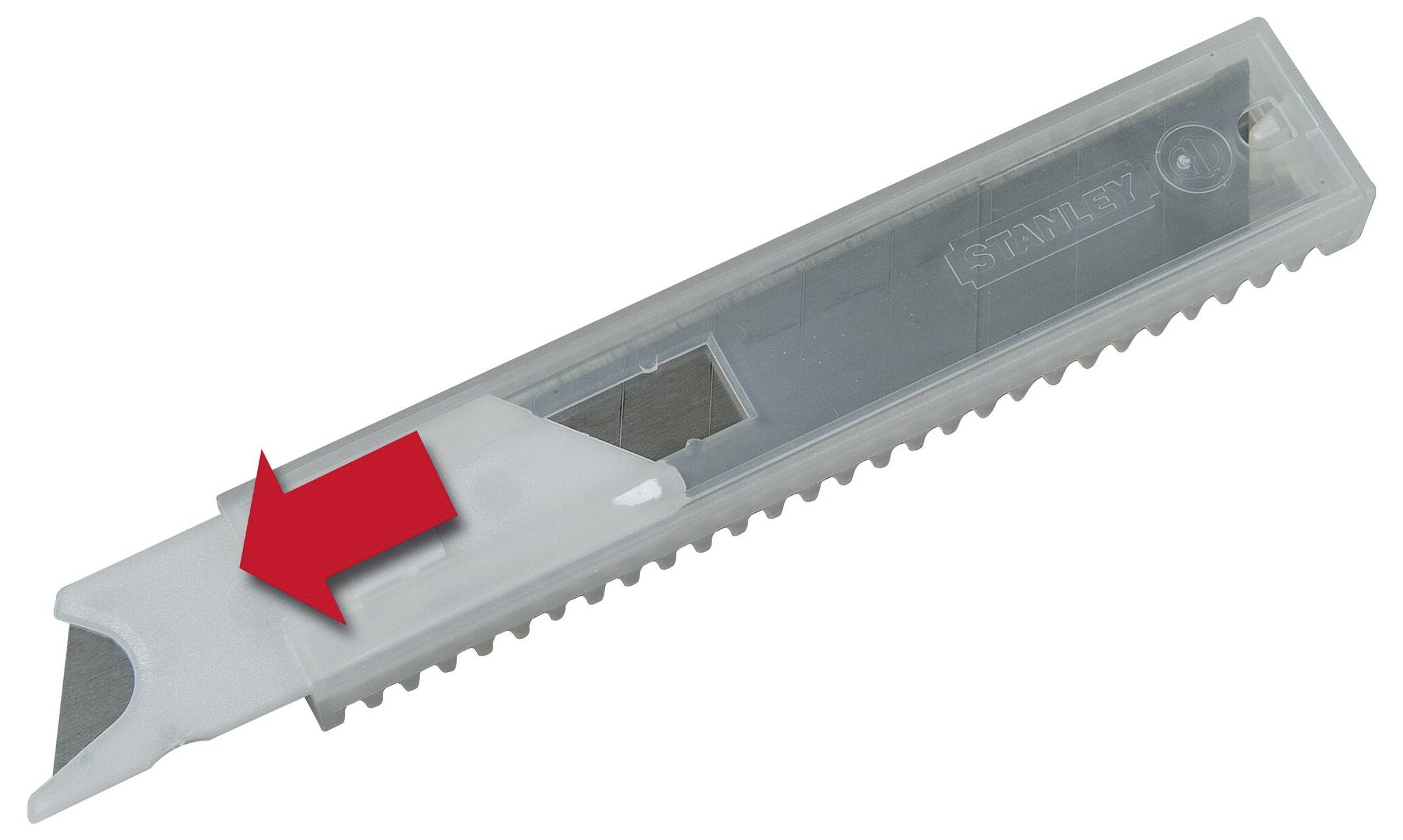 Un étui en plastique transparent avec des flèches rouges indique le mécanisme d'ouverture. Contient des lames pour un couteau multifonction.