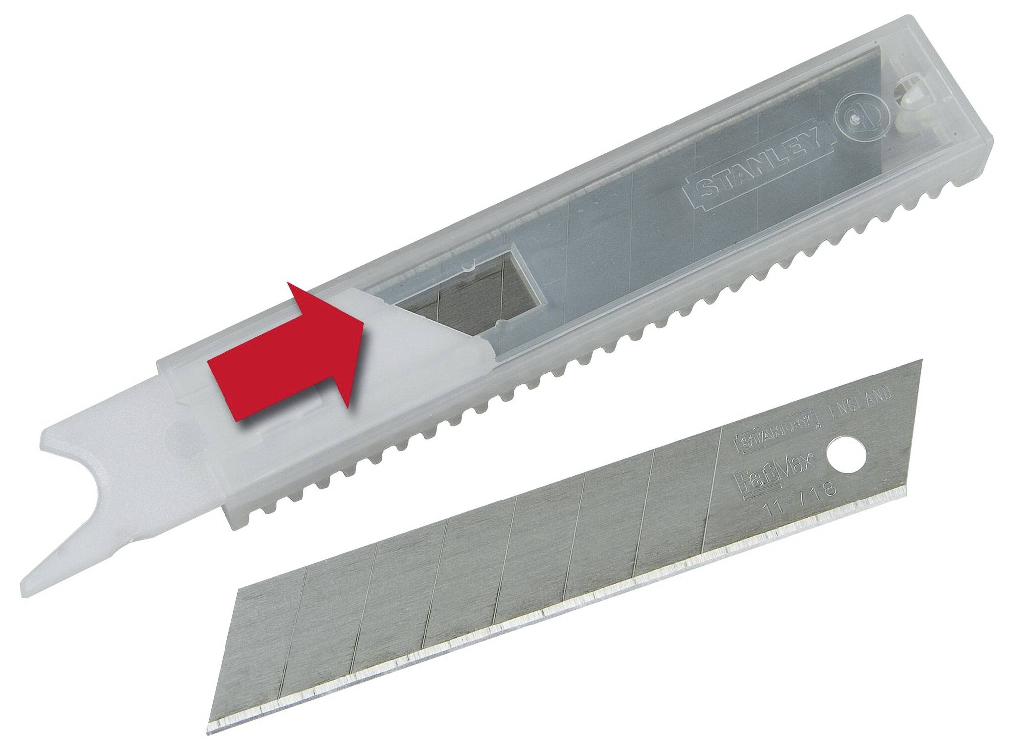 Un couteau de rechange géométrique avec une lame dans un boîtier en plastique transparent. Une flèche rouge indique le mode de retrait.