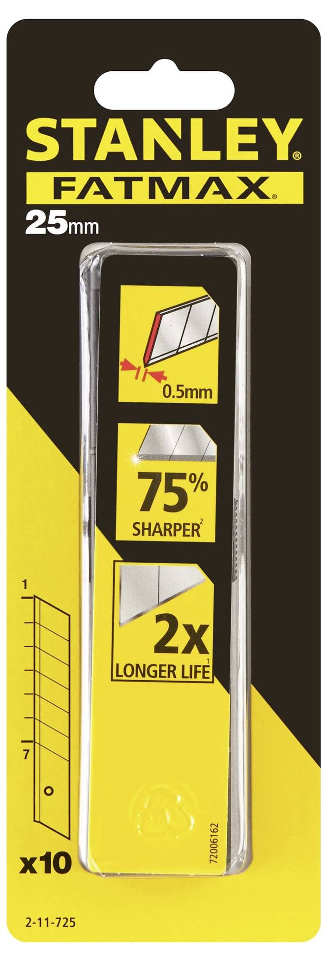 Emballage de lames Stanley Fatmax, 25 mm. Met en avant des lames 75 % plus tranchantes et une durée de vie 2 fois plus longue, contient 10 pièces.