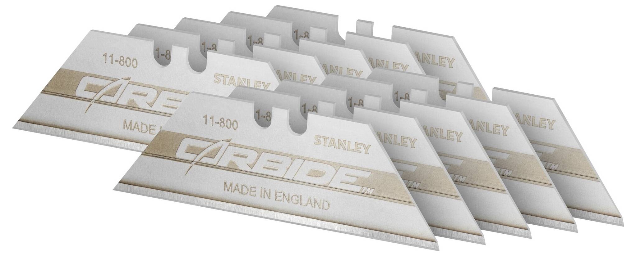 Dix lames d'argent, sur lesquelles sont inscrits « CARBIDE » et « MADE IN ENGLAND », disposées en deux rangées.