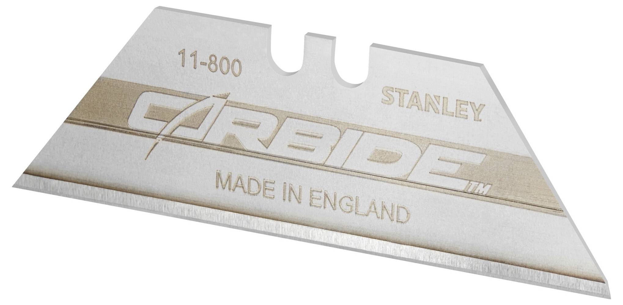 Lame de rasoir en argent avec l'inscription 'Carbide', 'Made in England', et le numéro de modèle '11-800', marque 'Stanley'.