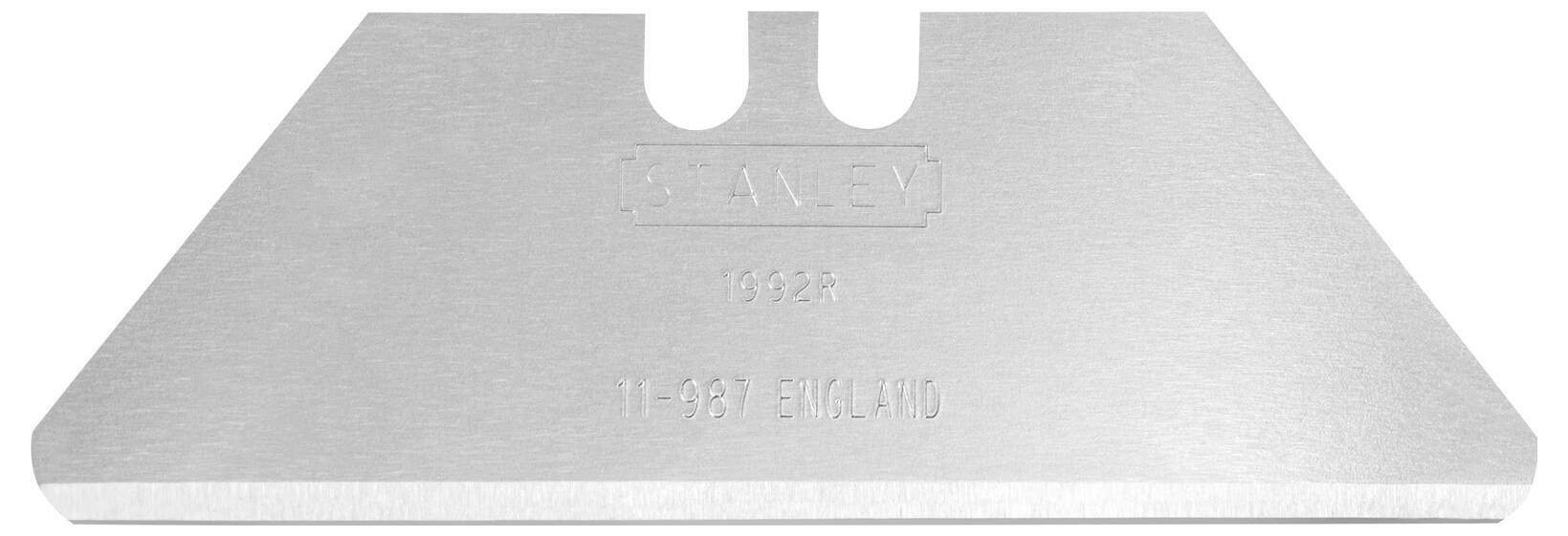 Un rasoir argenté, de forme trapézoïdale, portant l'inscription '11-921 ENGLAND' sur la lame, utilisé pour couper et bricoler.