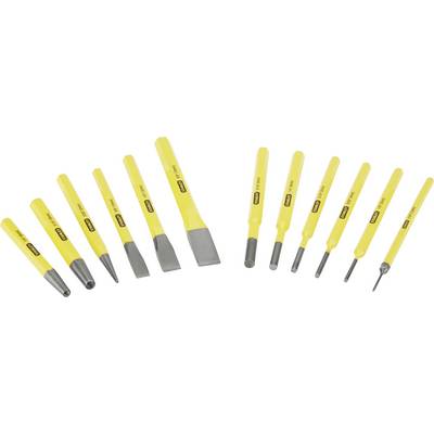 Ensemble de scies avec poignées jaunes et embouts métalliques de différentes formes et tailles sur fond blanc.