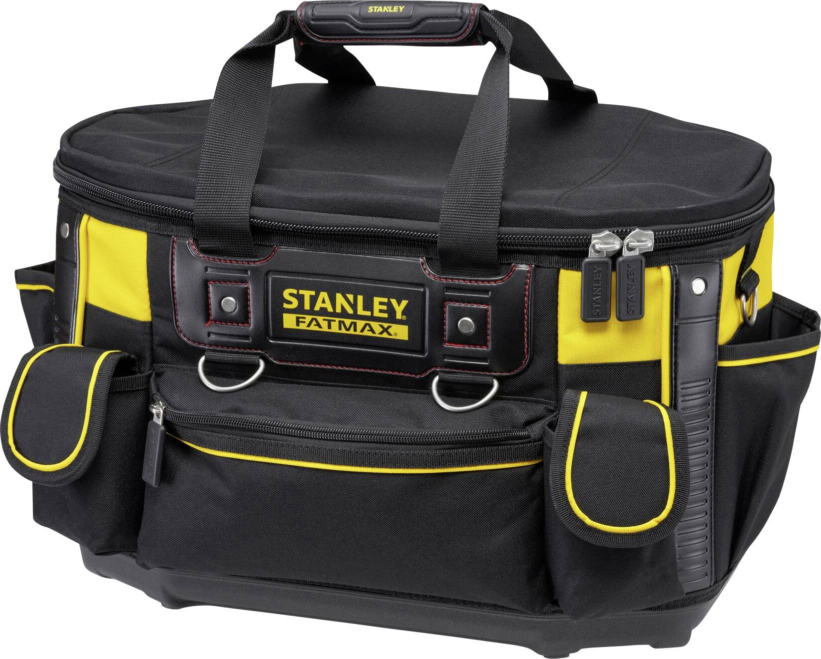 Sac à outils noir et jaune avec logo 'STANLEY FATMAX', plusieurs poches extérieures et des sangles de transport robustes.