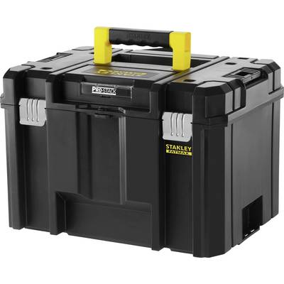 Boîte à outils Stanley FATMAX noire avec poignée jaune, design robuste et fermetures métalliques, idéale pour le rangement des outils.