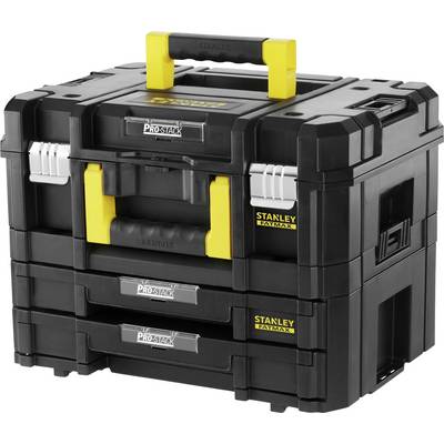 Boîte à outils noire avec poignée jaune et trois tiroirs, portant les inscriptions 'Stanley' et 'Pro-Stack', conçue pour le rangement des outils.