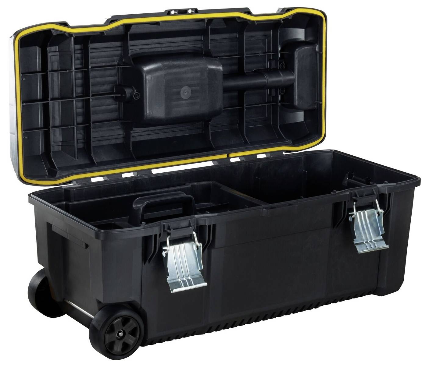 Boîte à outils noire ouverte sur roulettes, avec deux serrures, montrant des compartiments pour outils et accessoires.