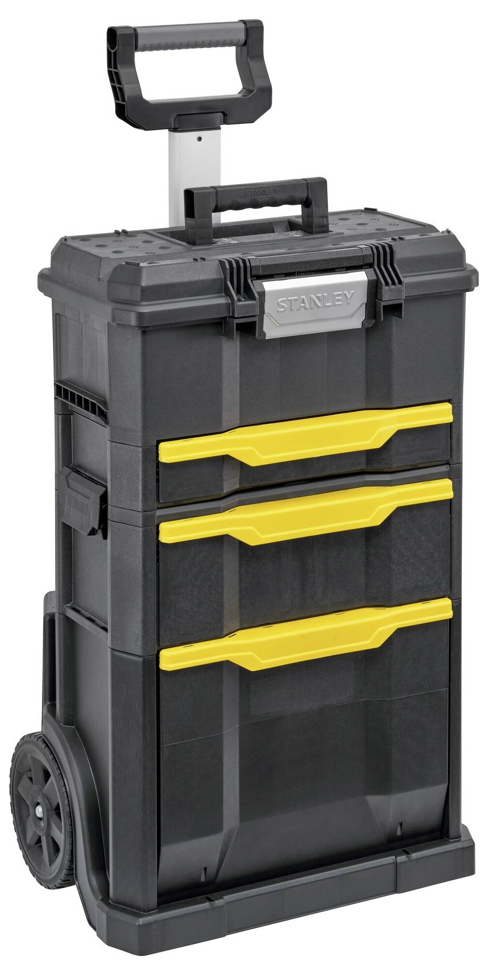 Coffret à outils noir sur roulettes avec poignée télescopique, trois tiroirs jaunes et design robuste pour un transport facile.