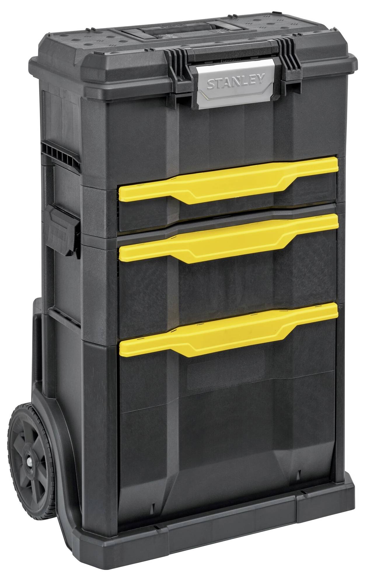 Boîte à outils mobile avec trois tiroirs jaunes. Robuste et portable, idéale pour les outils et accessoires.