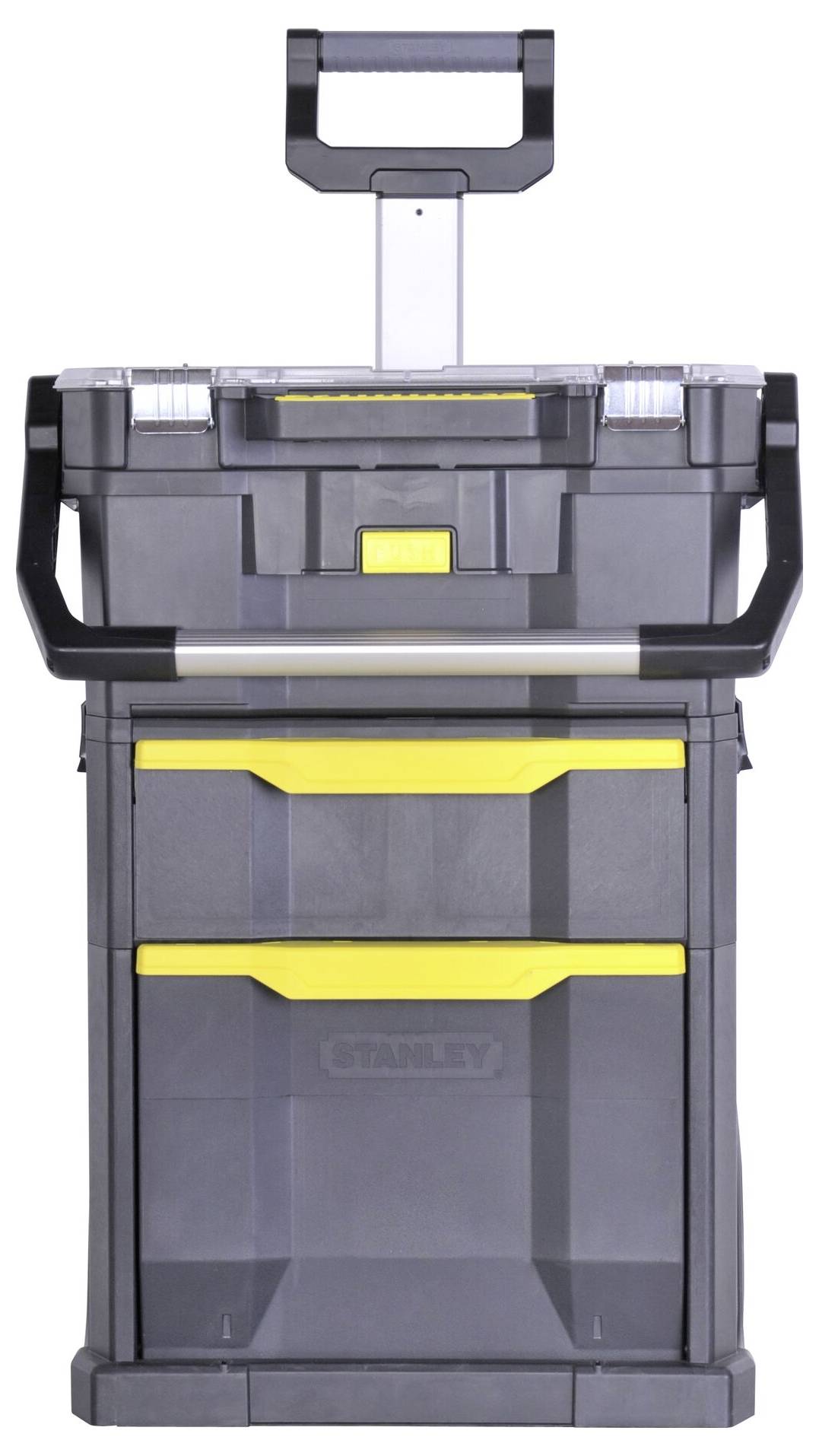 Boîte à outils en noir et jaune avec deux tiroirs et un compartiment supérieur, poignée en haut pour un transport facile.