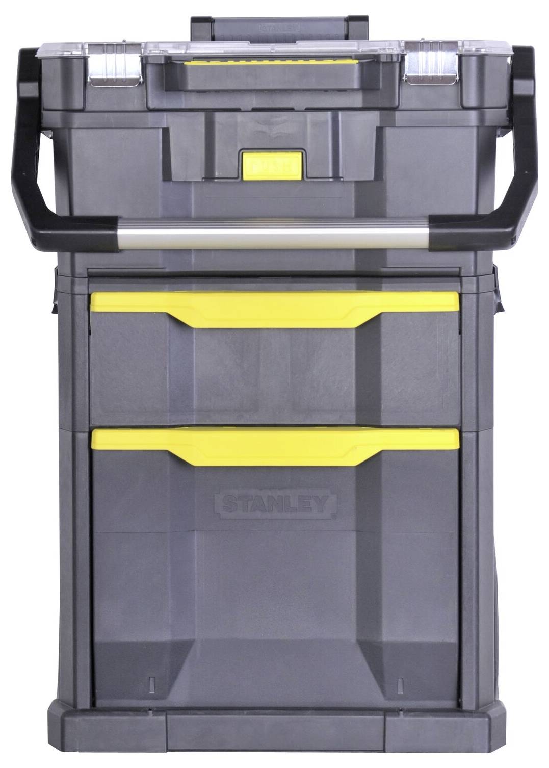 Coffret à outils gris avec deux tiroirs jaunes et une poignée robuste. Adapté au stockage et au transport des outils.