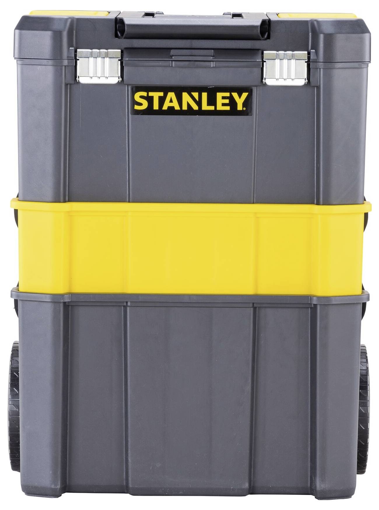 Boîte à outils grise et jaune sur roulettes, munie de deux verrous métalliques en haut et d'une poignée, avec la marque 'Stanley' visible sur la face avant.