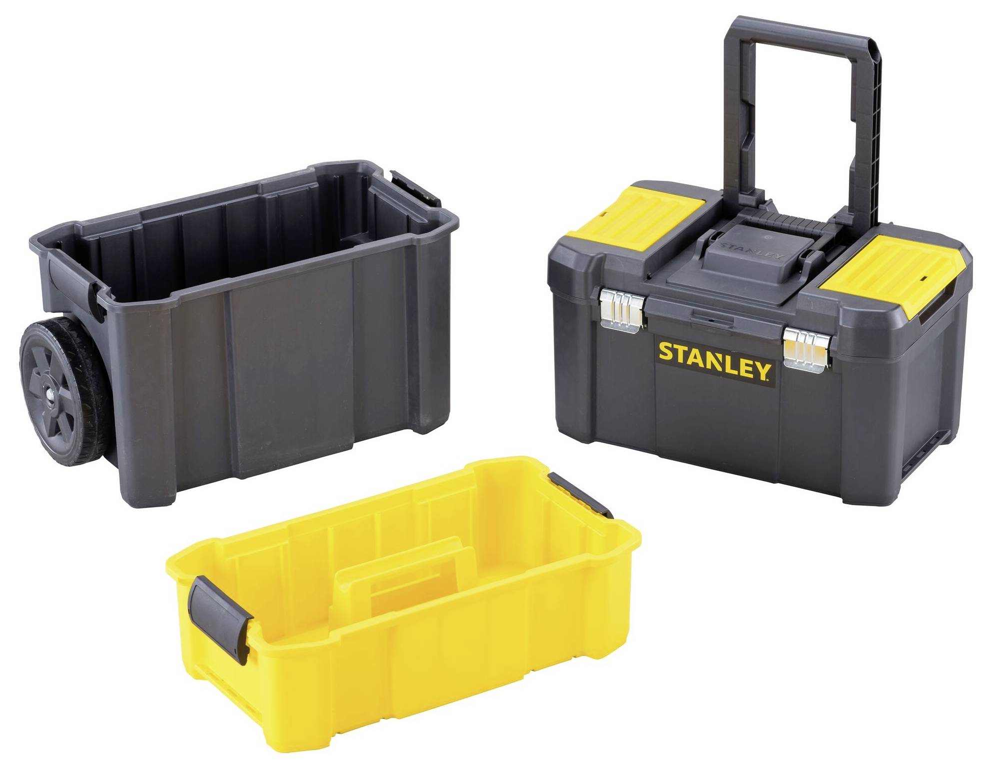 Trois boîtes à outils empilables en noir et jaune, dont une avec des roues et une poignée pour un transport facile.