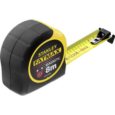 Ruban à mesurer noir et jaune avec l'inscription 'Stanley Fatmax Magnetic 8m' sur le boîtier. Le ruban est partiellement déroulé.