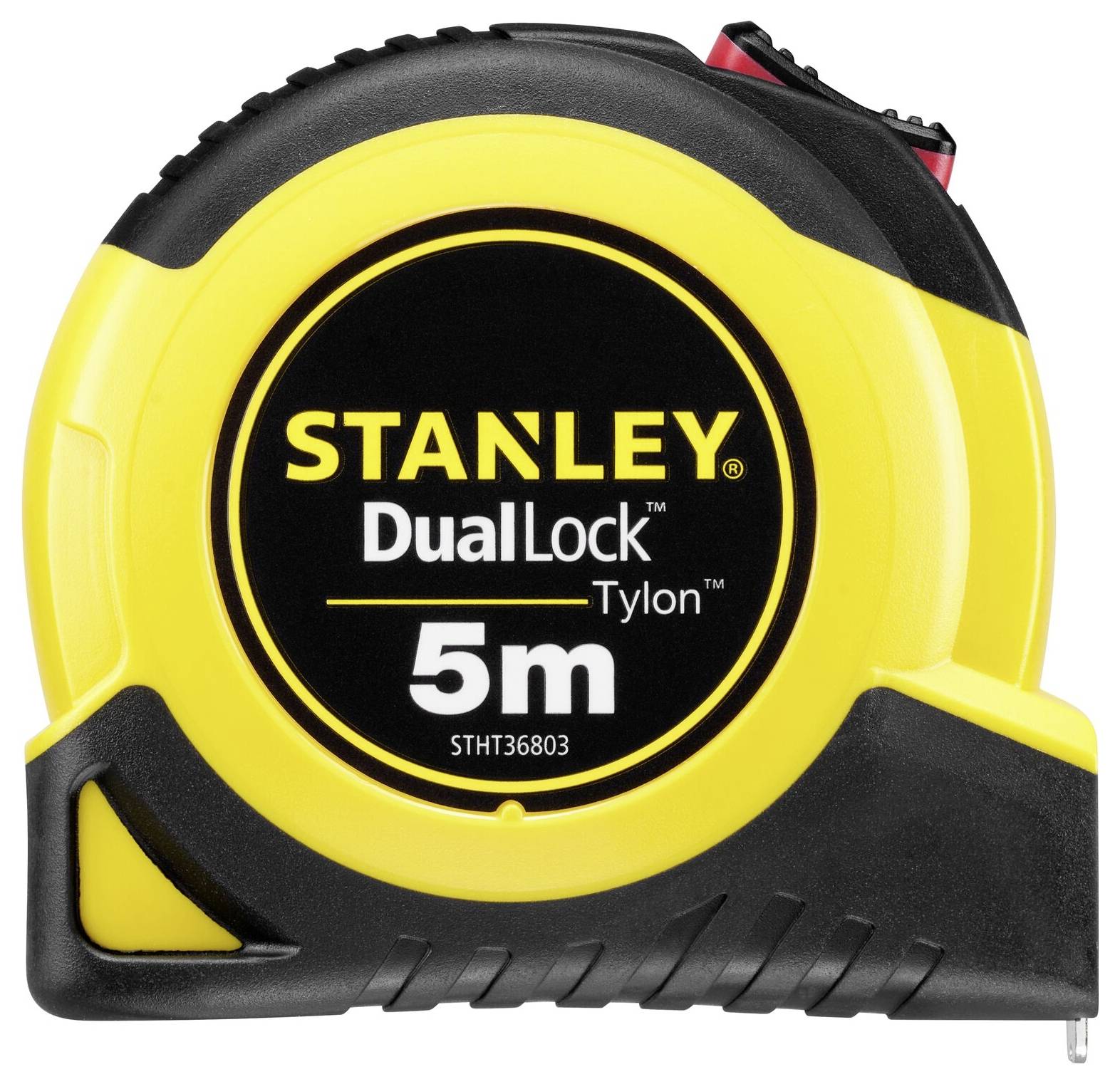 Image d'un mètre ruban jaune avec un boîtier noir. Inscription : 'STANLEY DualLock Tylon 5m'. Principalement utilisé pour mesurer des longueurs.