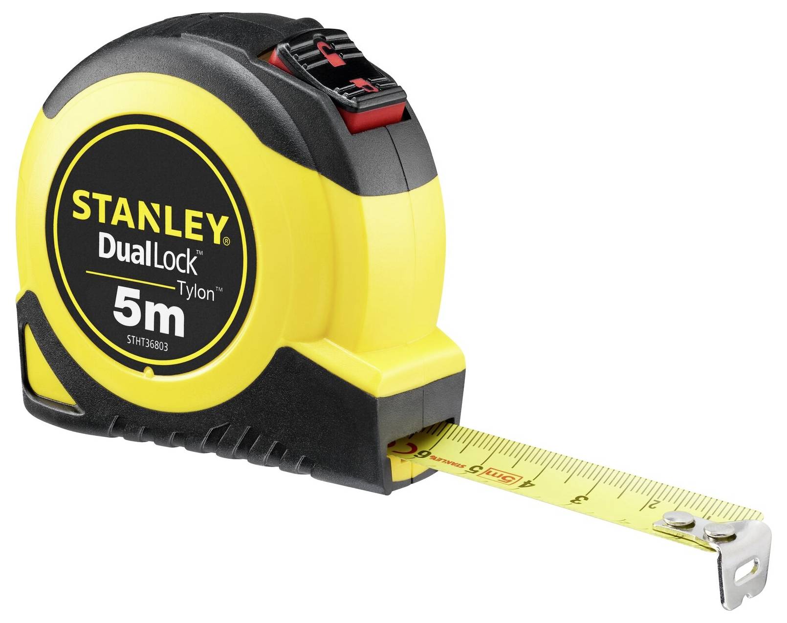 Un mètre ruban jaune et noir portant l'inscription 'STANLEY DualLock 5m'.