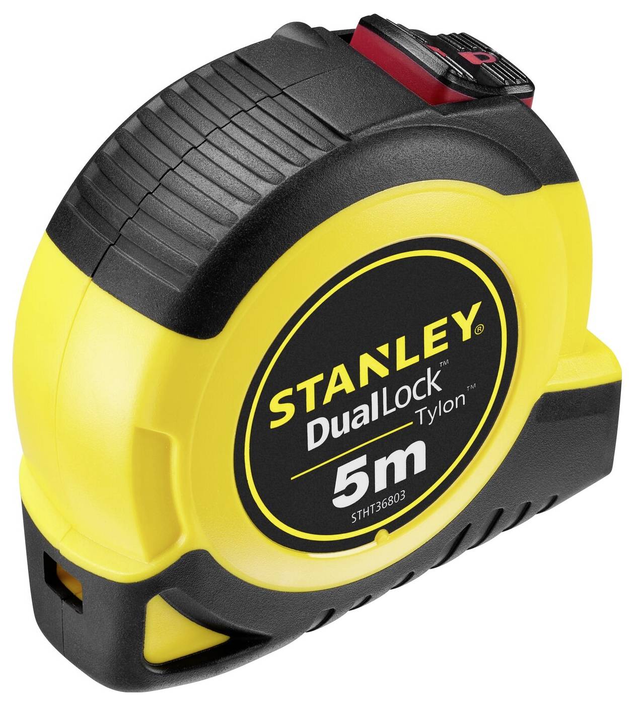Un ruban à mesurer jaune de 5 mètres portant l'inscription 'STANLEY DualLock'.