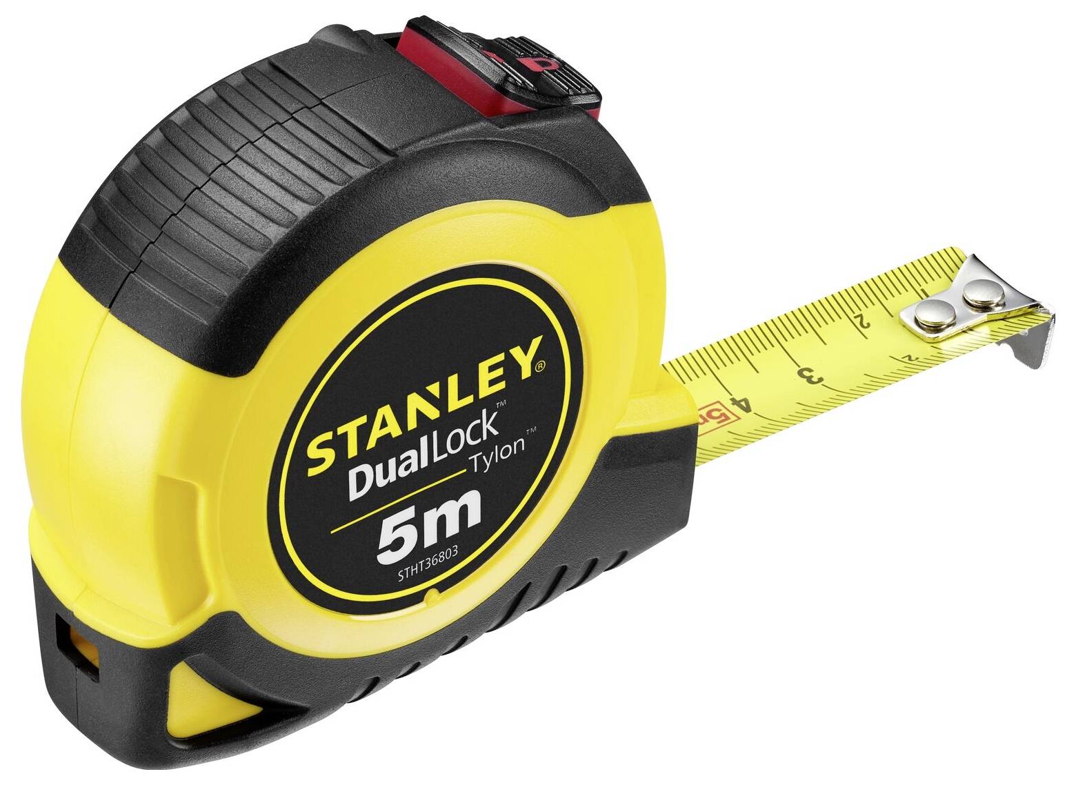 Un ruban à mesurer jaune portant l'inscription 'Stanley DualLock 5m' est partiellement déroulé et dispose d'un étui de protection noir.