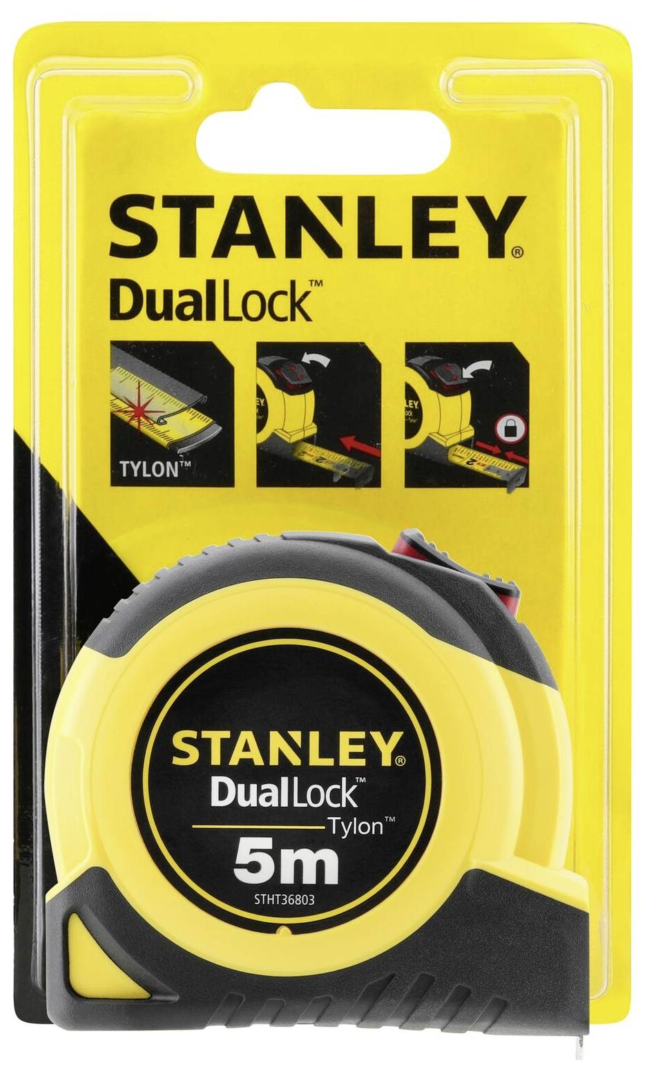 Mètre ruban Stanley DualLock jaune, 5 mètres, dans un emballage illustrant les fonctionnalités du produit.