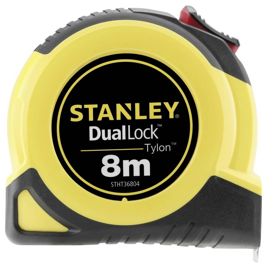Un mètre ruban jaune de 8 mètres de la marque Stanley, modèle 'DualLock Tylon'.