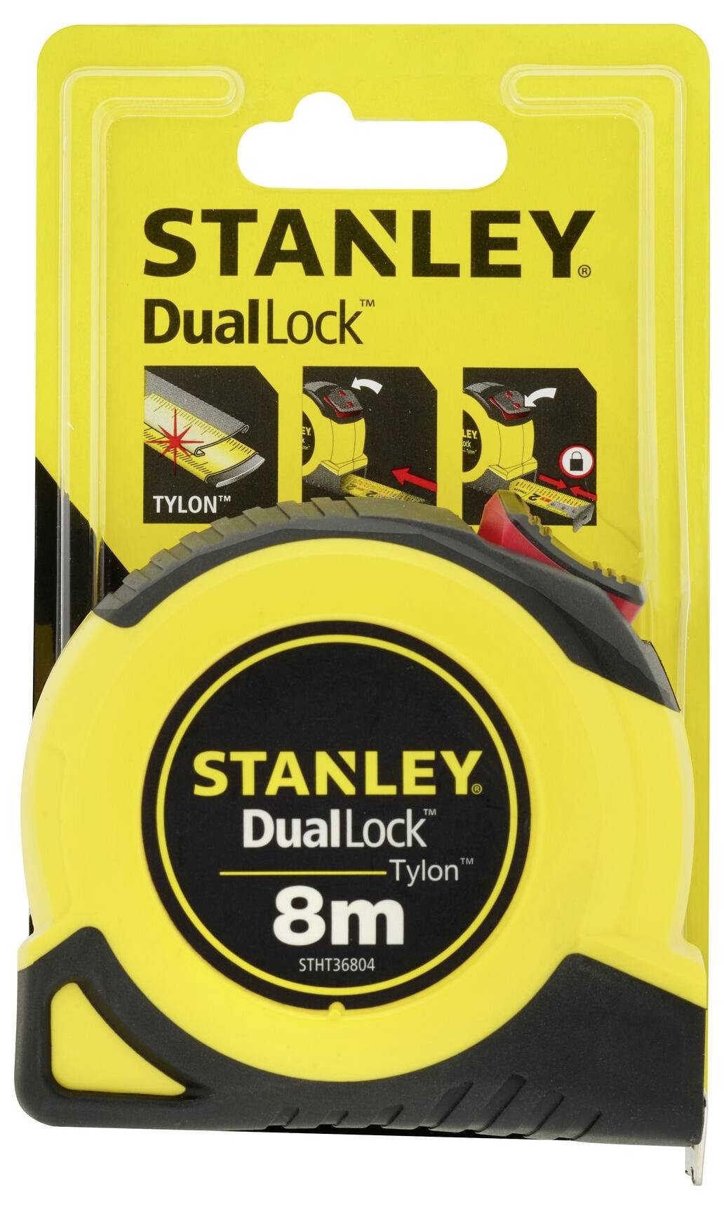 Ruban à mesurer Stanley DualLock Tylon dans un emballage jaune, longueur 8 mètres, les illustrations montrent la double fonction de verrouillage.