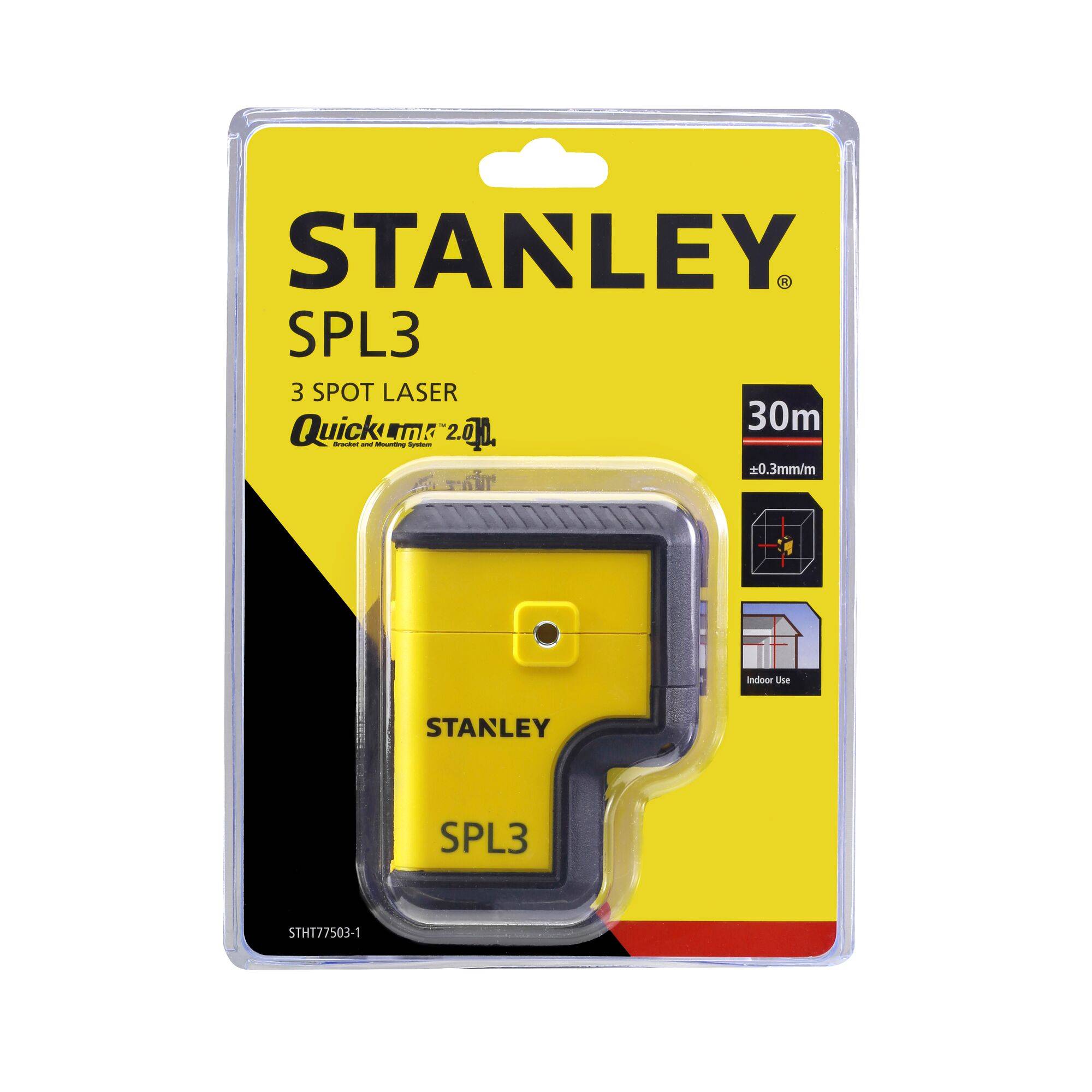 Niveau laser Stanley SPL3 dans un emballage jaune avec du texte noir. Il a une portée de mesure de 30 mètres.