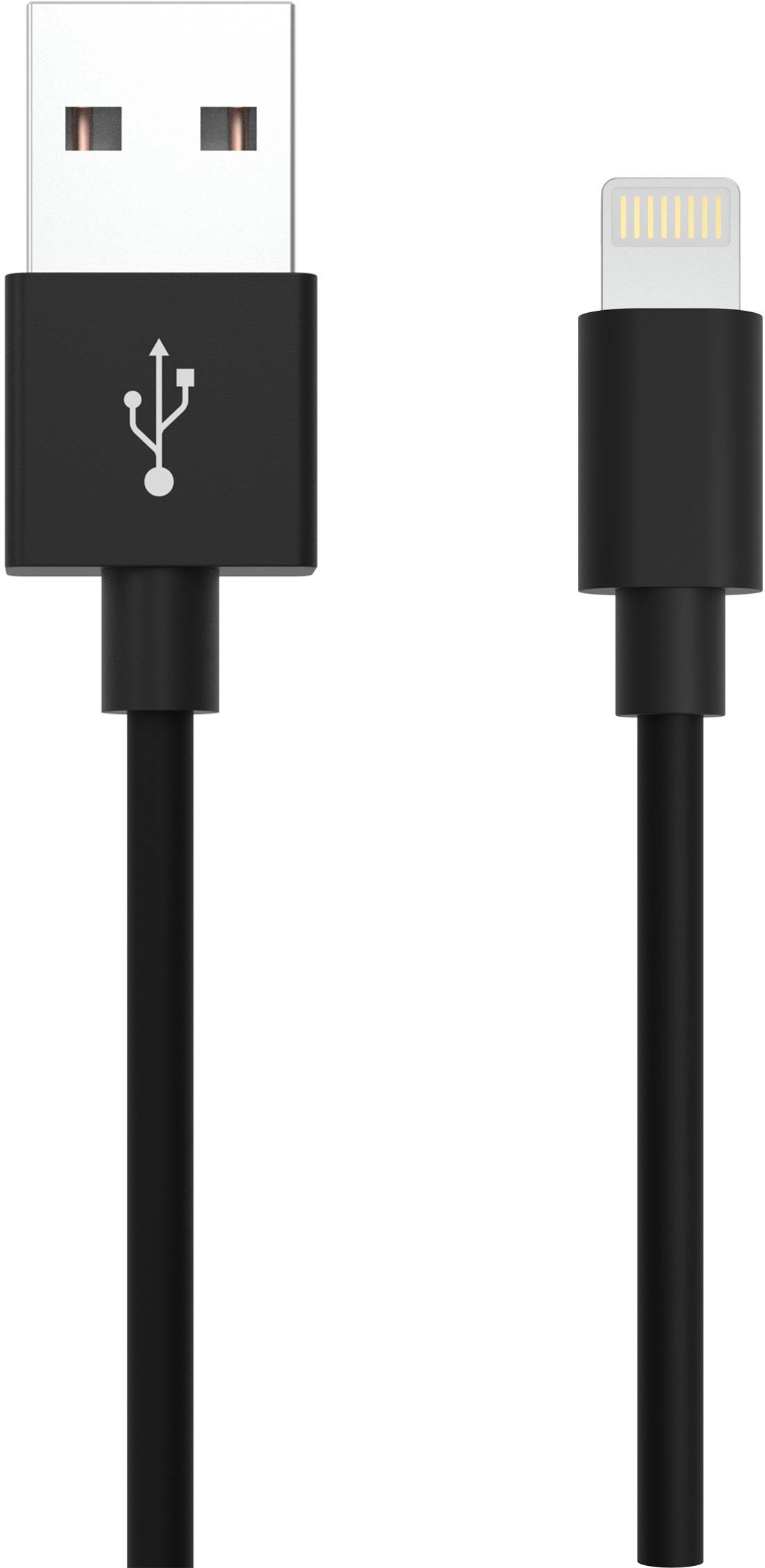 Câble noir USB vers Lightning, accessoire typique pour la charge et le transfert de données des appareils Apple.