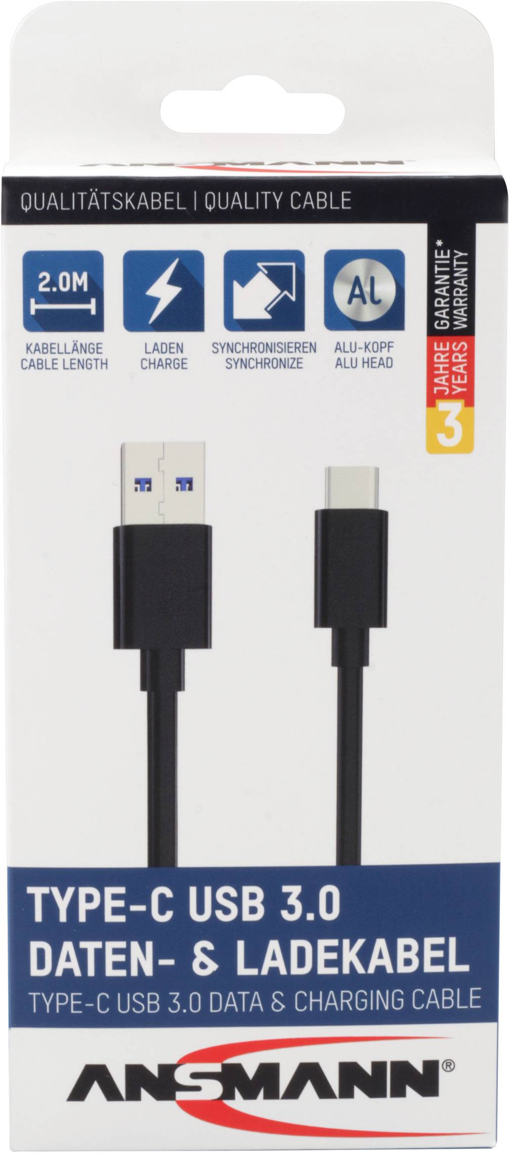 Emballage d'un câble de données et de charge Ansmann USB 3.0 Type-C, longueur de 2 mètres, compatible avec les fonctions de charge et de synchronisation.