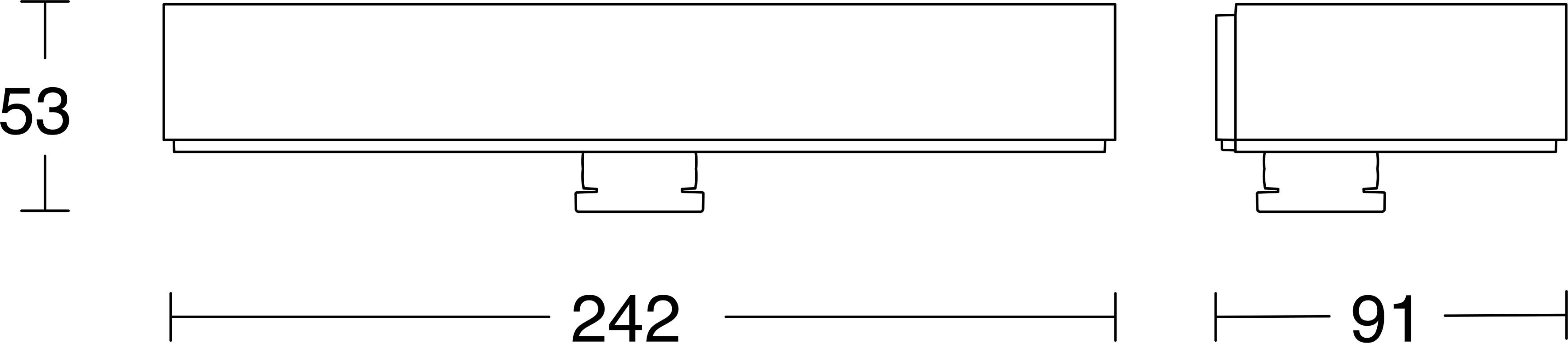 Vue latérale et vue de face d'un appareil rectangulaire avec dimensions : 242 mm de largeur et 53 mm de hauteur, avec une profondeur de 91 mm indiquée sur la droite.