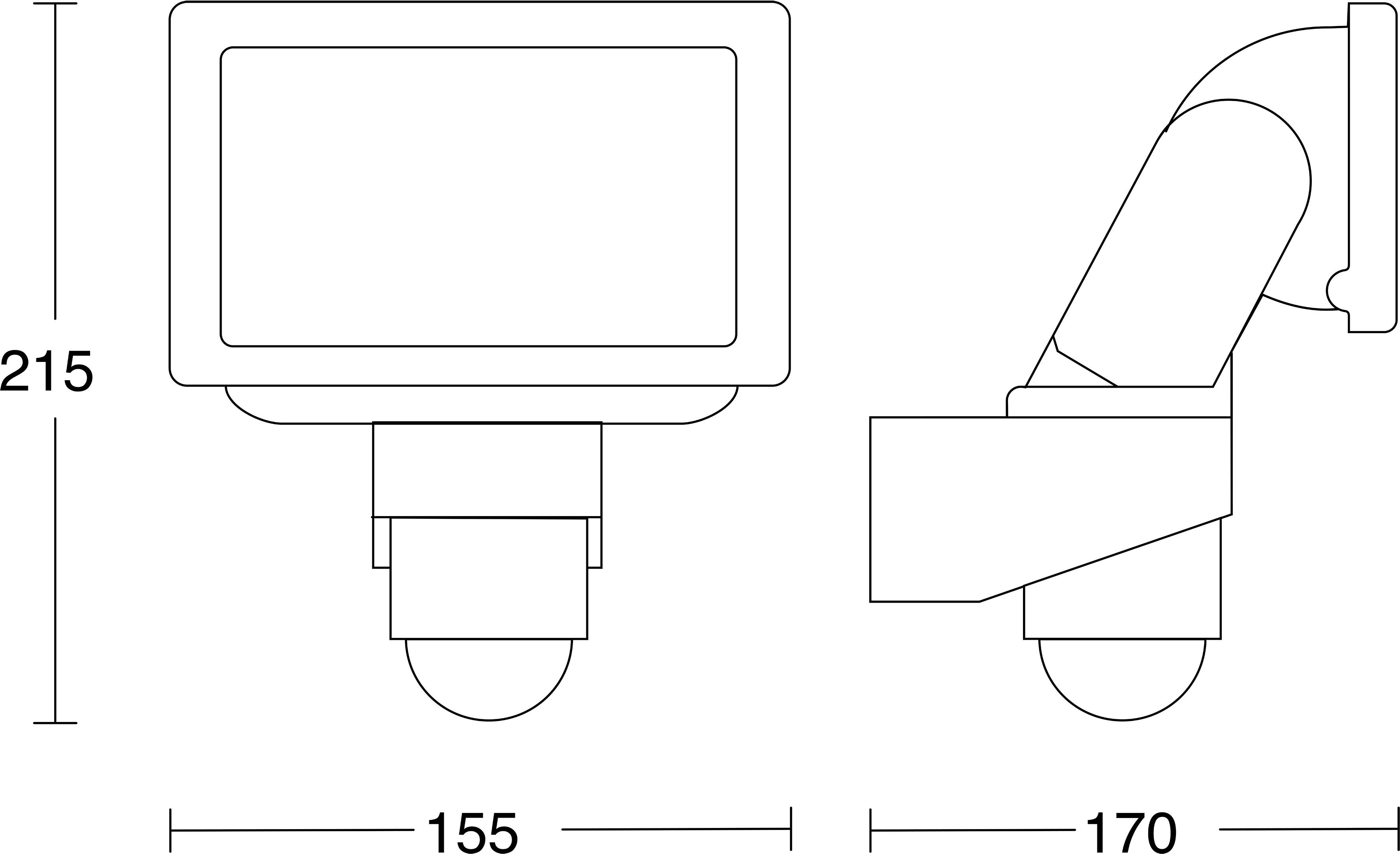 Dessin technique d'une unité d'affichage ou de caméra montée au mur montrant les vues de face et de côté, avec les dimensions indiquées 215 mm de hauteur, 155 mm de largeur et 170 mm de profondeur.