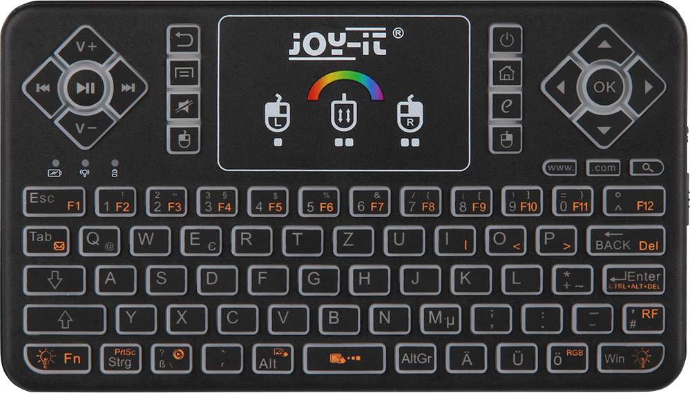 Petit clavier sans fil avec pavé tactile et touches directionnelles. Affiche des symboles pour la connexion, la batterie, le pavé tactile et Bluetooth.