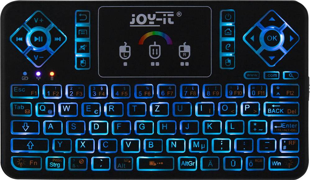 Clavier mini sans fil rétroéclairé avec pavé tactile et touches de contrôle, nom de marque 'joy-it' en haut, adapté aux applications multimédia.