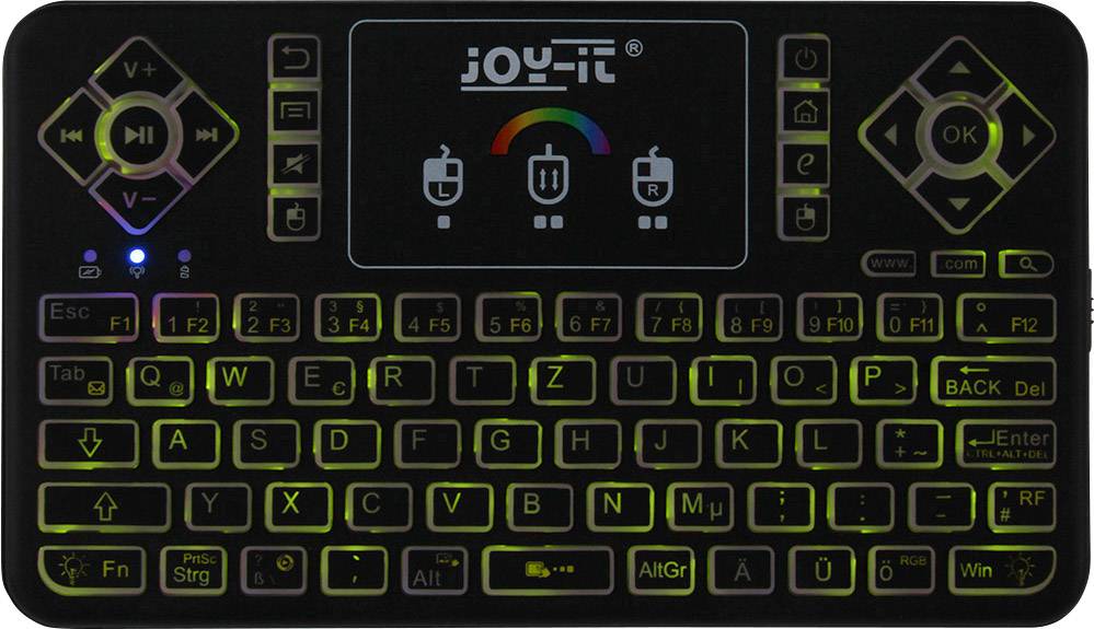Clavier compact sans fil avec éclairage, pavé tactile et touches de navigation, adapté pour le contrôle simple des appareils.