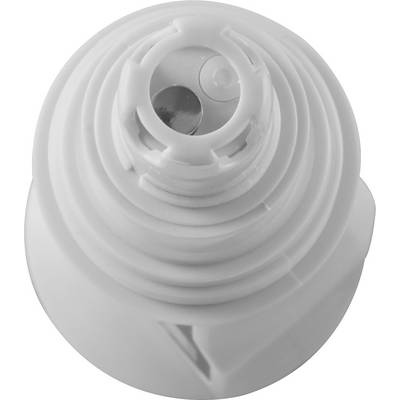 Un bouchon en plastique blanc et rond, vu de dessus, avec plusieurs rainures et une petite pièce métallique visible au centre.
