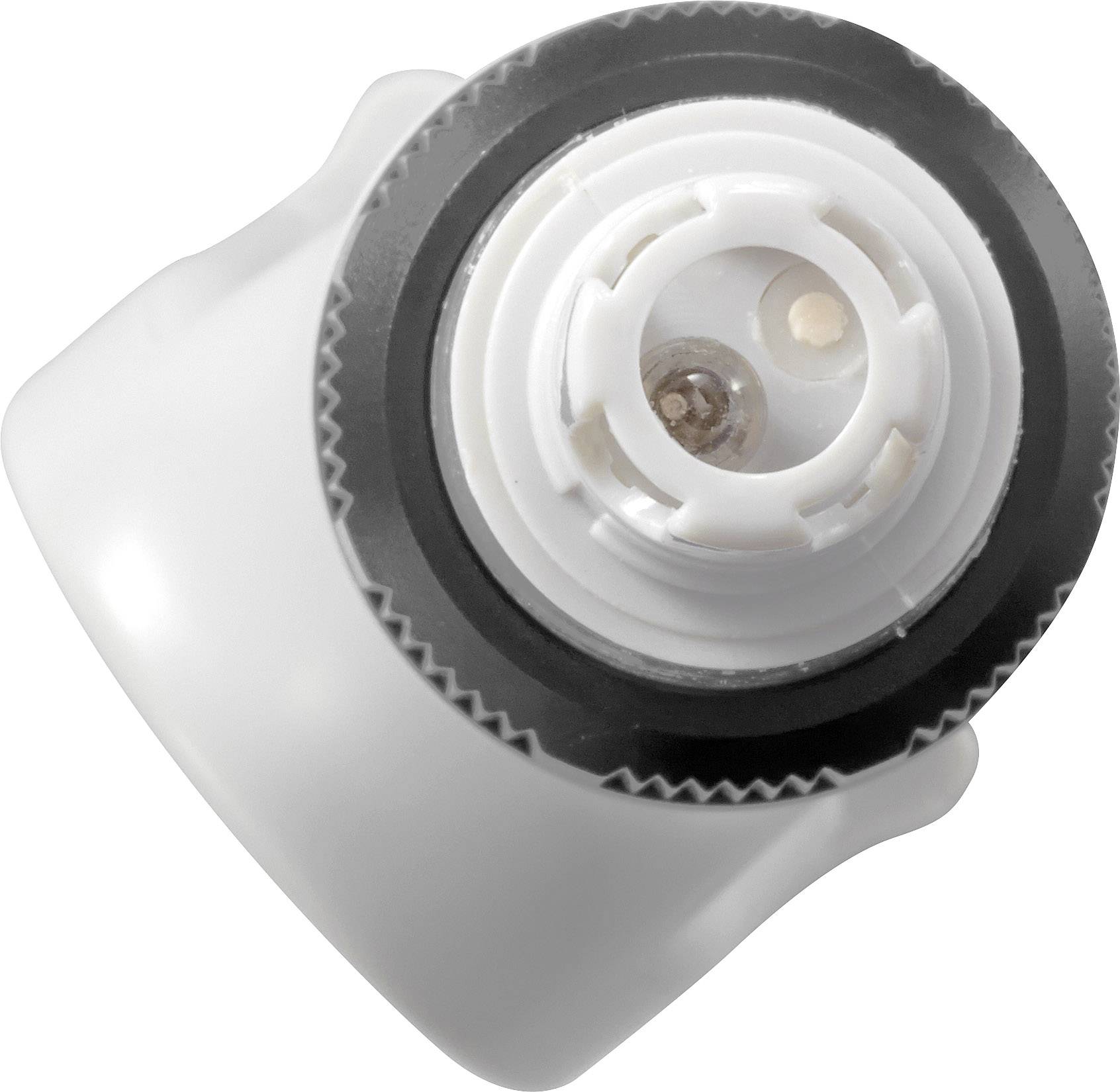 Capuchon blanc en plastique avec bord strié et mécanisme interne, probablement partie d'un bouchon de bouteille.