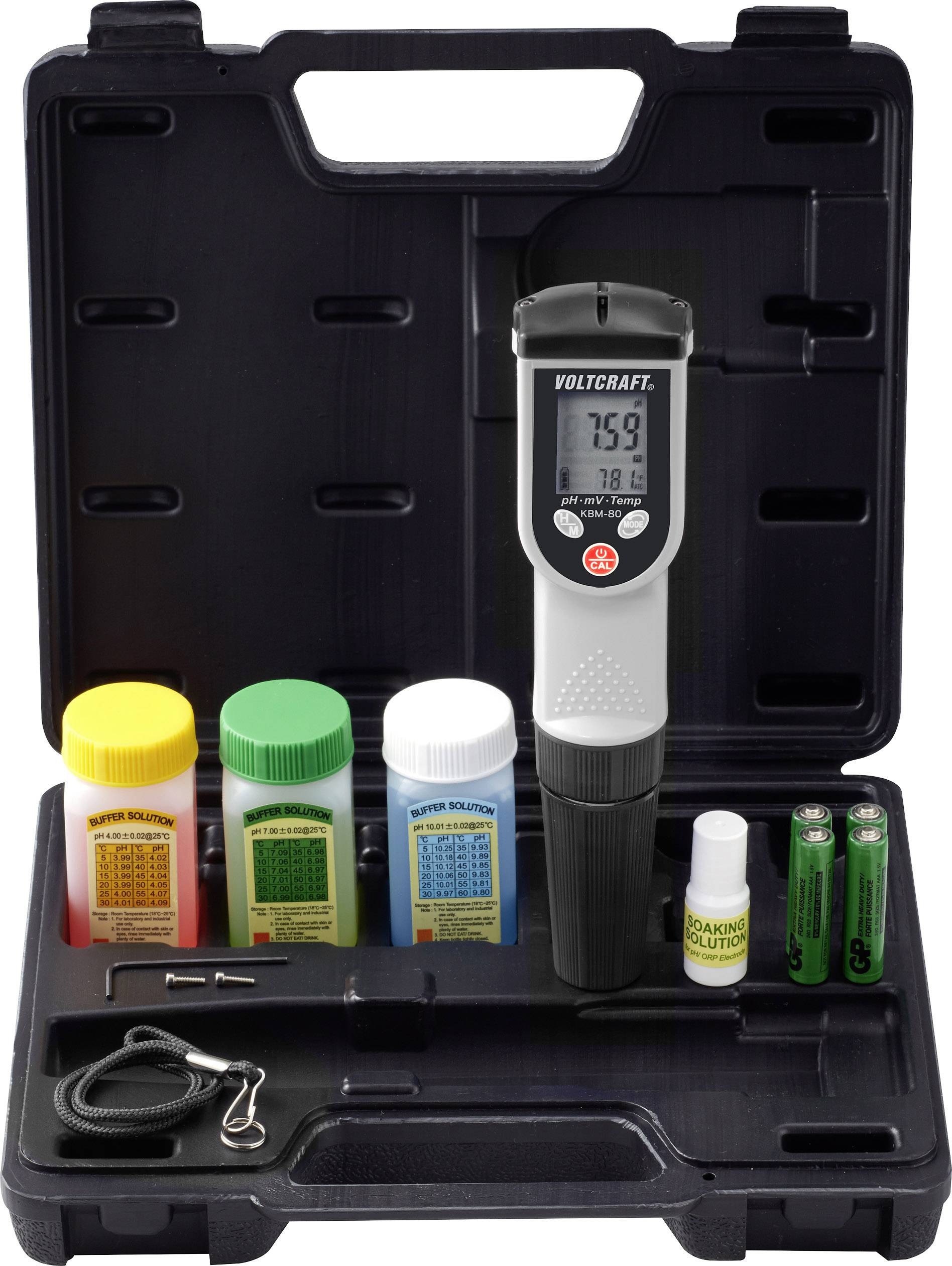 Kit de test de qualité de l'eau comprenant un appareil de mesure numérique, trois bouteilles de produits chimiques, deux piles, un tournevis et des accessoires dans une mallette.