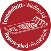 Panneau circulaire rouge montrant un dispositif anti-dérapant en forme de botte, étiqueté « Trommeltritt », « Winding Aid », « Repose-pied » et « Fixatieplank ».