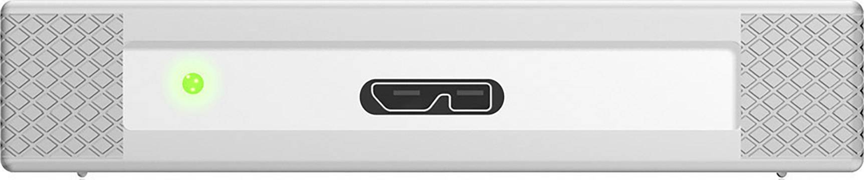 Un boîtier externe de disque dur argenté avec un voyant lumineux vert et un port USB au centre.