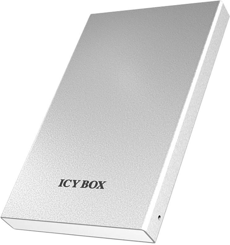 Boîtier externe en argent pour disque dur, portant l'inscription 'ICY BOX' sur le dessus. Forme rectangulaire à surface lisse.