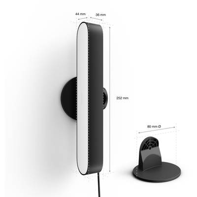 Lampe noire cylindrique, 252 mm de haut, 44 mm de large, 36 mm de profondeur, avec socle de 80 mm de diamètre. Vue latérale et vue arrière.