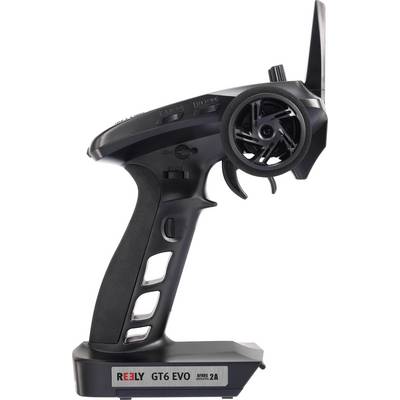 Émetteur de télécommande radio noir avec poignée ergonomique et bouton de commande. Désignation de modèle 'REELY GT6 EVO' sur la face inférieure.