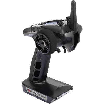 Télécommande noire avec volant et antenne, marquée 'GT6 EVO'. Conçue pour le contrôle de véhicules radiocommandés.