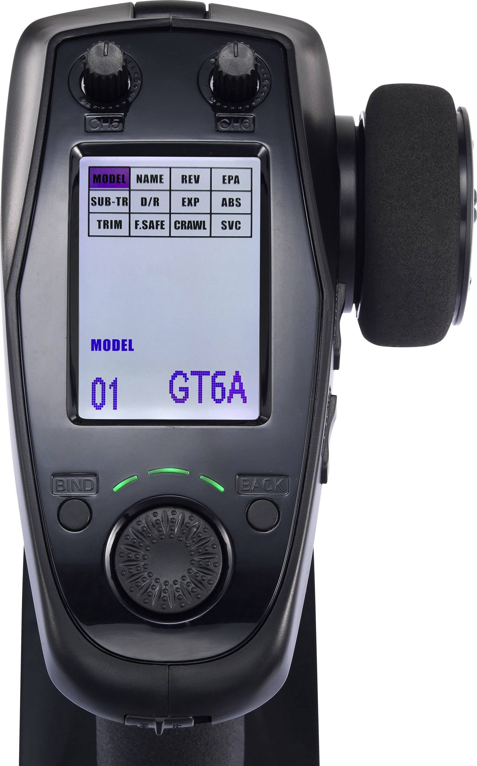 Télécommande portable avec écran et bouton de commande. L'écran affiche des options de menu telles que 'MODEL', 'NAME', 'REV', 'EPA'.