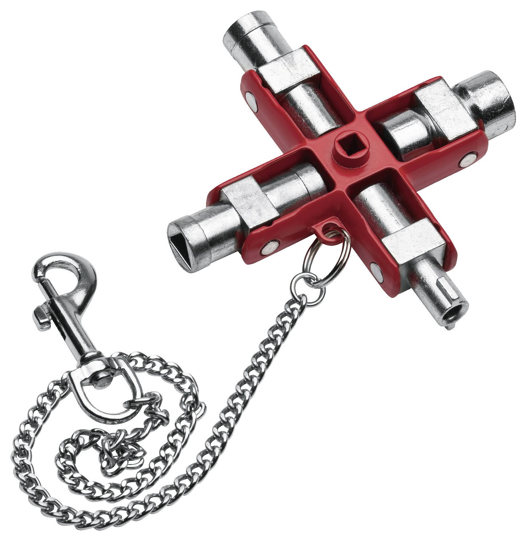 Un outil multifonction à quatre voies avec un corps en forme de croix rouge et des douilles métalliques, attaché à une chaîne avec un clip. Utilisé pour les armoires de services électriques, d'eau et de gaz.