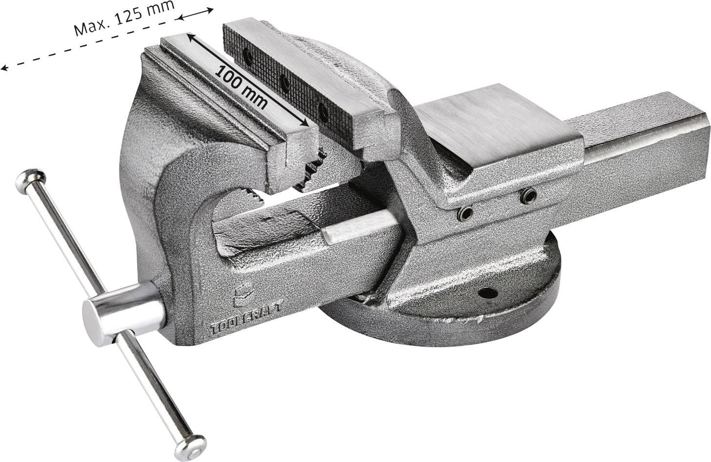 Un étau métallique avec une ouverture maximale de 125 mm et une largeur de 100 mm.