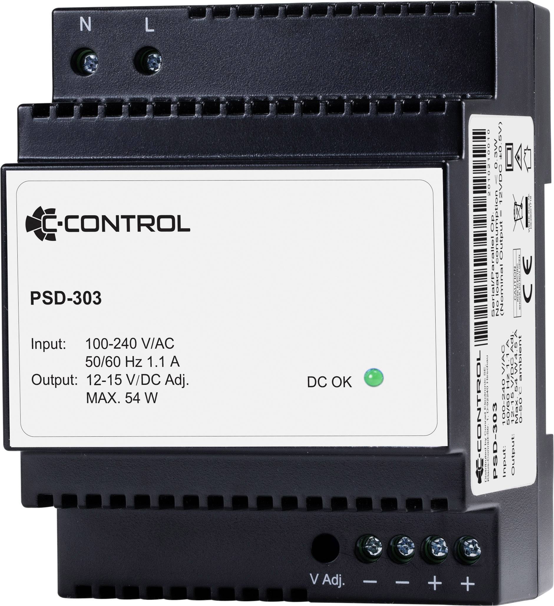 'PSD-303 Alimentation électrique, Entrée : 100-240V AC, Sortie : 12-15V DC, max. 54W. Voyants LED d'état de fonction sur l'avant.'