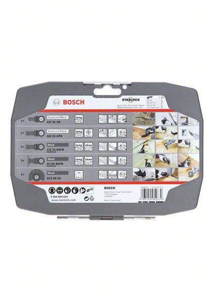 L'image montre le dos d'un emballage Bosch avec des listes et des illustrations de différentes lames de scie et leurs applications.