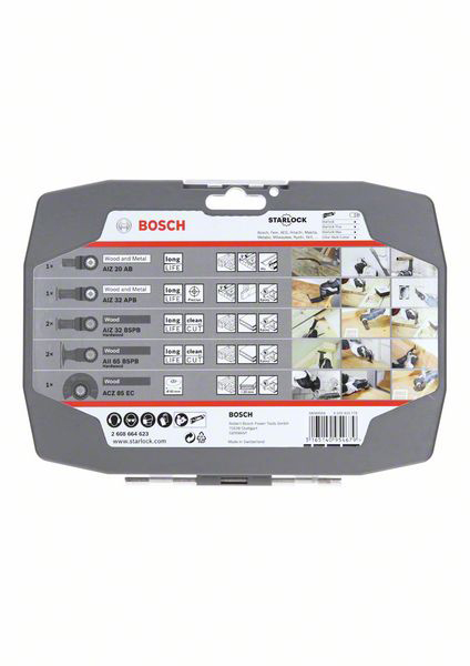 L'image montre le dos d'un emballage Bosch avec des listes et des illustrations de différentes lames de scie et leurs applications.