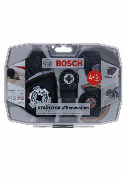 Un emballage transparent en plastique de Bosch contient cinq embouts multifonctions Starlock Renovation, avec une indication '4+1 gratuit'.
